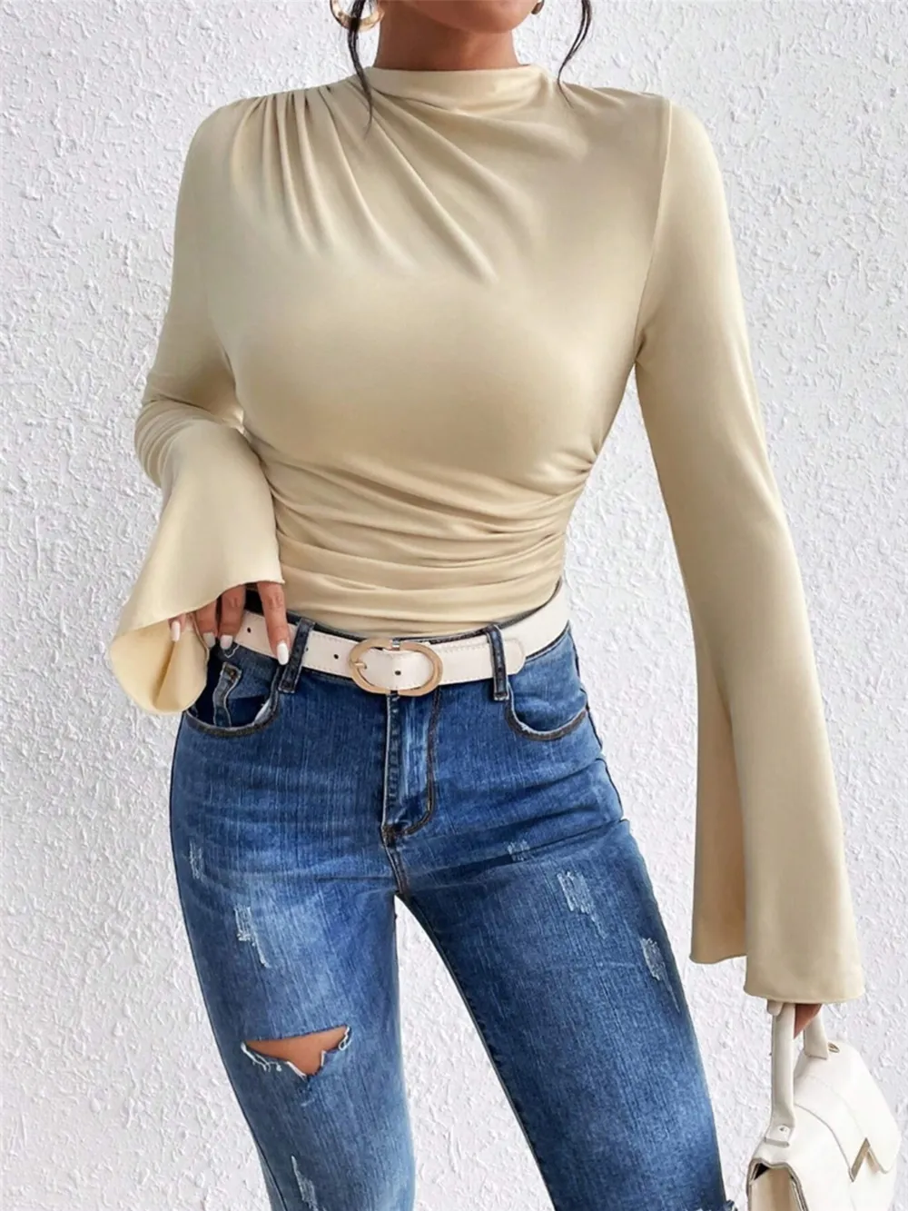 Bell Sleeve Ruched Fitted T-Shirt with Mock Neck, image 8