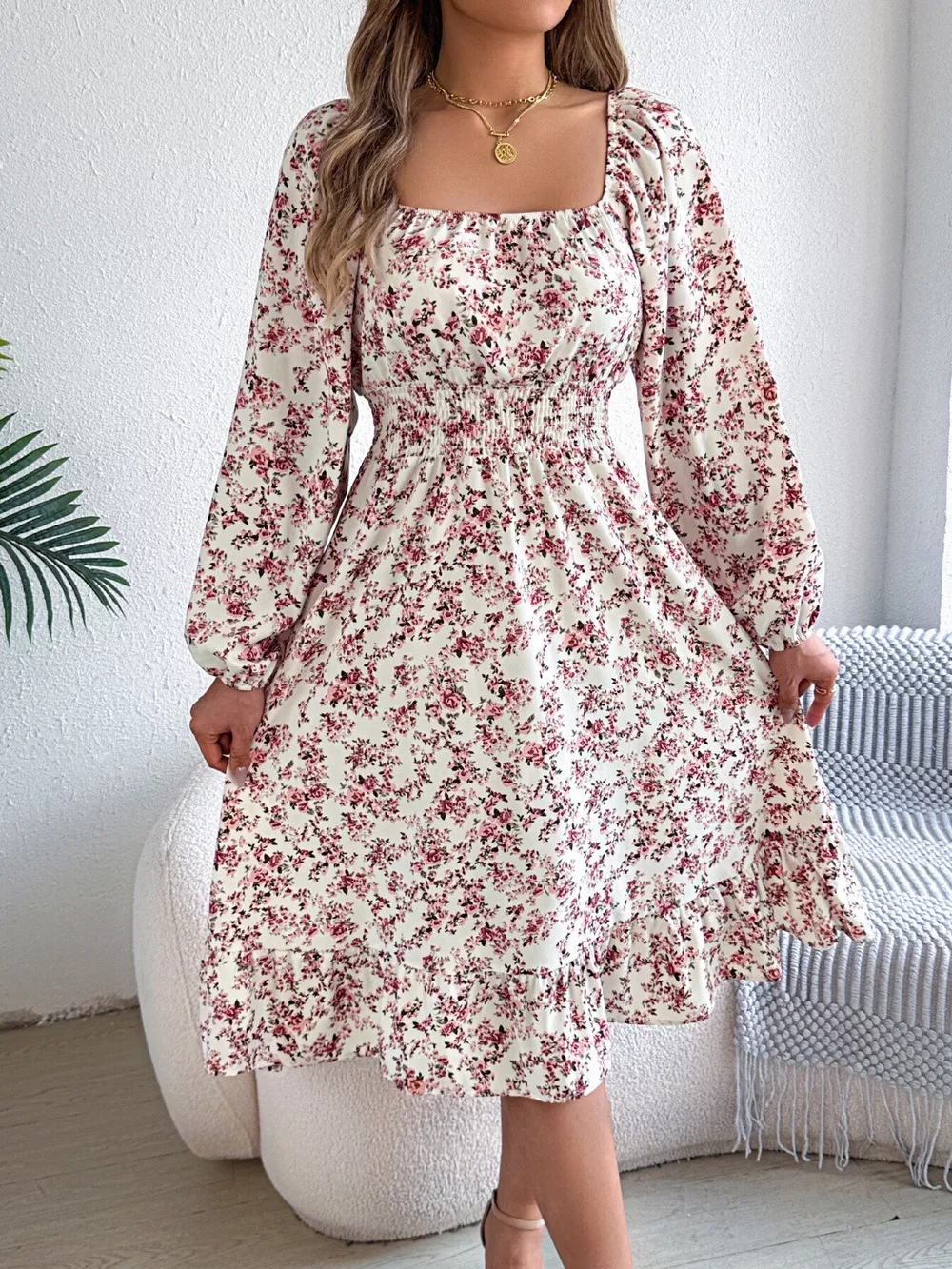 Floral Print Long Sleeve Square Neck Midi Dress, image 15