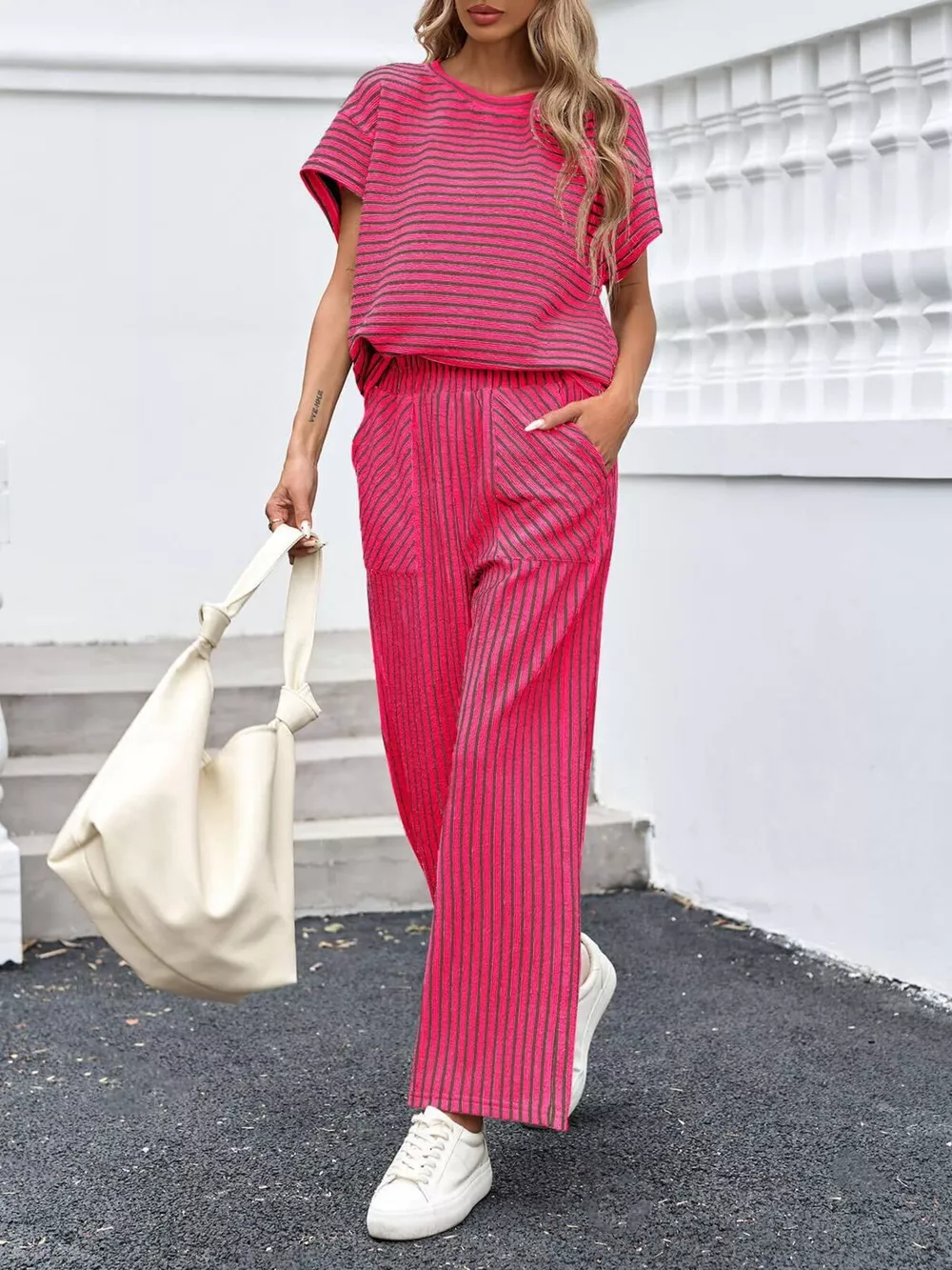 Casual Striped Short Sleeve Top and Wide Leg Pants Two-Piece Set, image 10