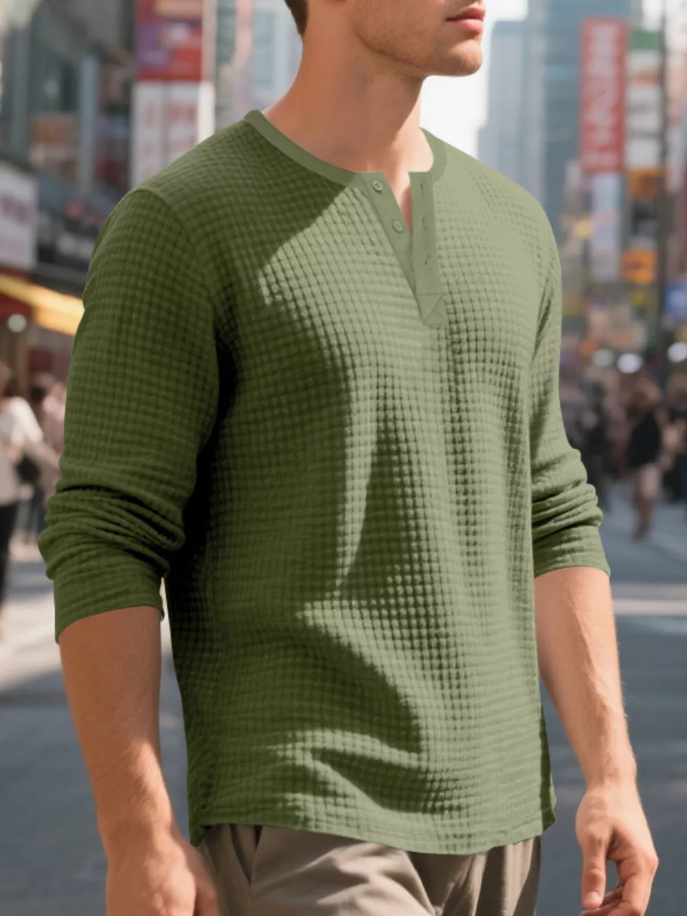 Men's Plus Size Casual Waffle Knit Henley T-Shirt, image 3