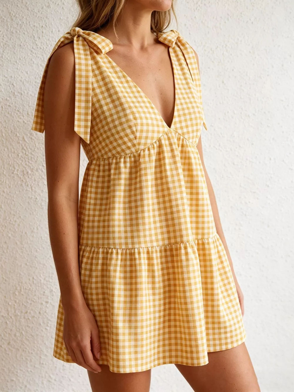 Gingham Tie-Shoulder Mini Dress, image 2