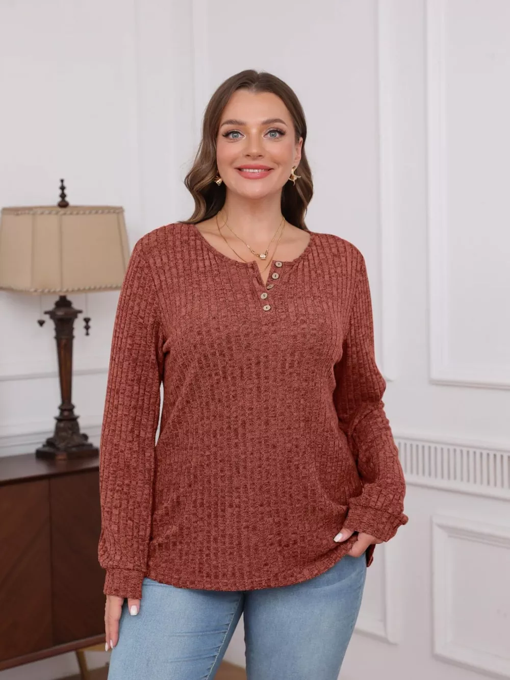Ribbed Knit Button-Front Long Sleeve T-Shirt, image 10