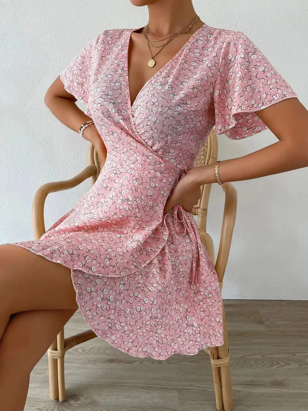 Floral Flutter Sleeve Wrap Mini Dress, image 12