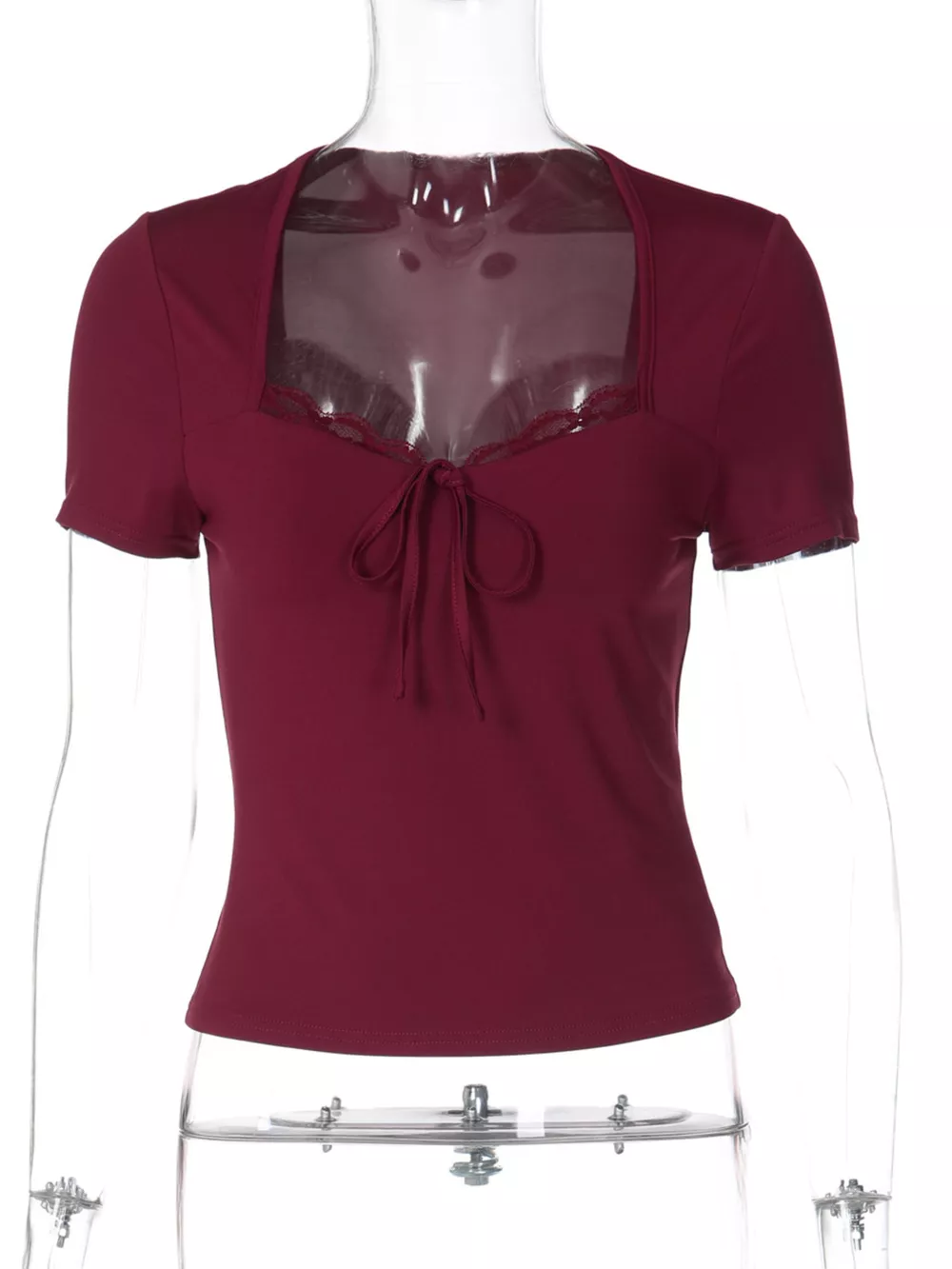 Sweetheart Neck Lace Trim Tie-Front T-Shirt, image 17