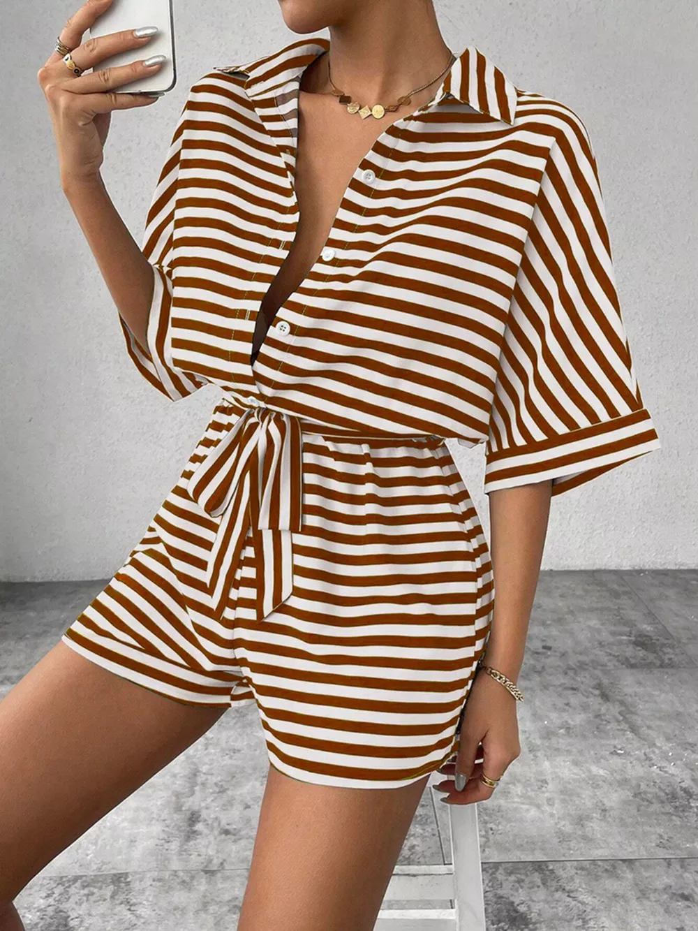 Striped Button Front Half Sleeve Romper, image 11