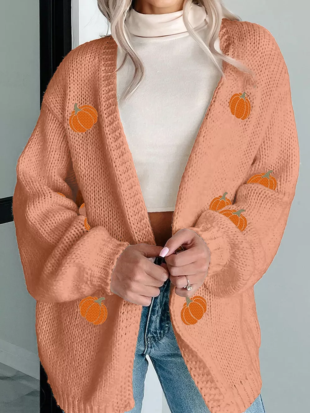 Pumpkin Tree Print Open Front Drop Shoulder Midi Cardigan