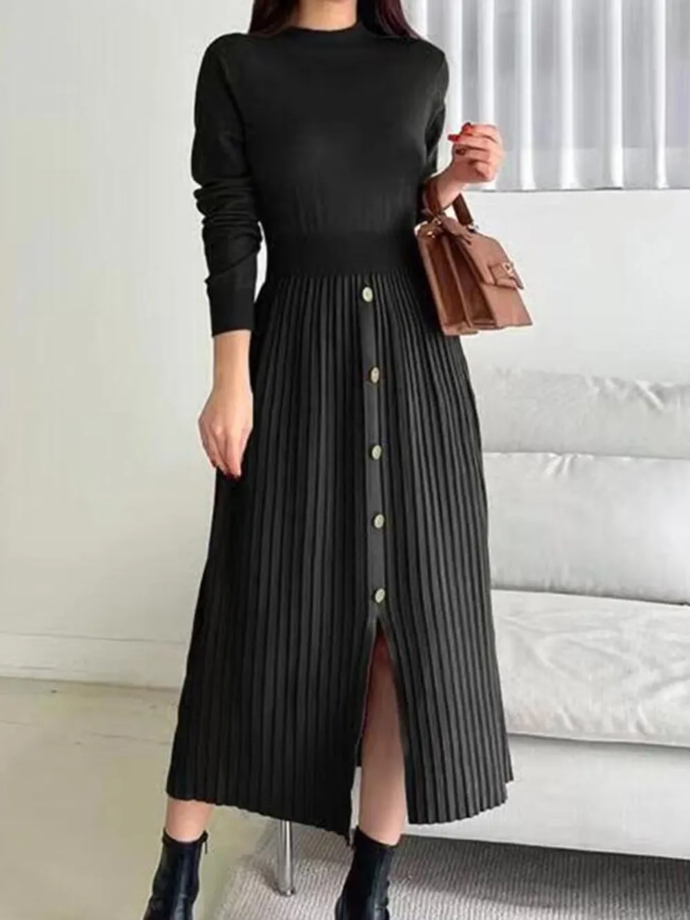 Slit Front Mock Neck Long Sleeve Knit Dress, image 2