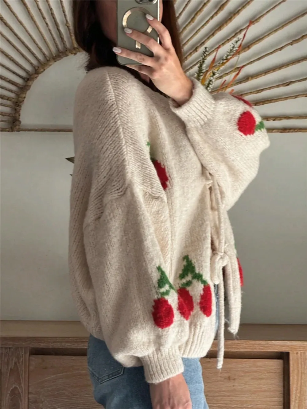 Cherry Pattern Tie-Front Oversized Cardigan, image 4