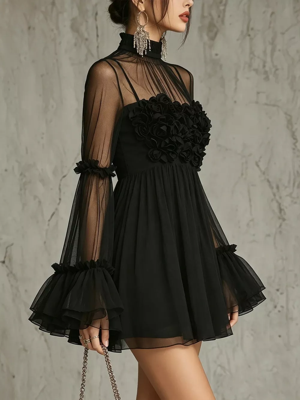 Sheer Mesh Rose Applique Mini Dress, image 2