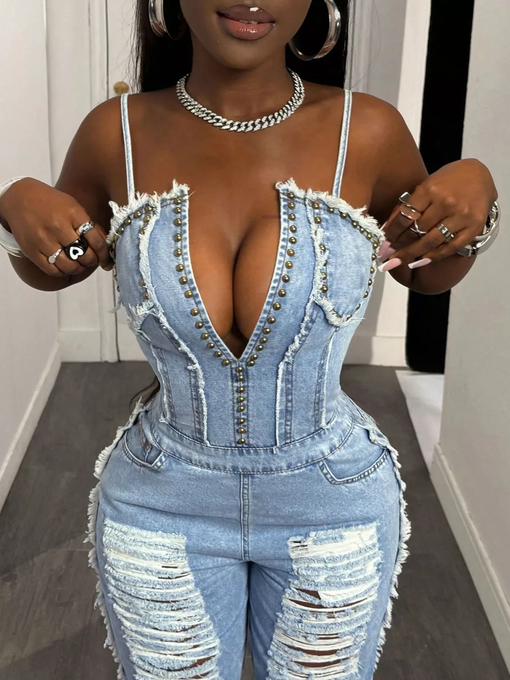 Distressed Spaghetti Strap Wide-Leg Denim Jumpsuit, image 2