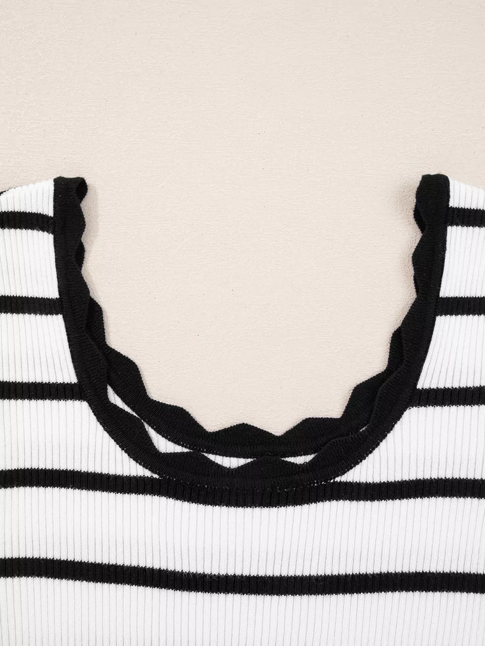 Scalloped Trim U Neck Striped Ribbed Slim Knit Top, image 5
