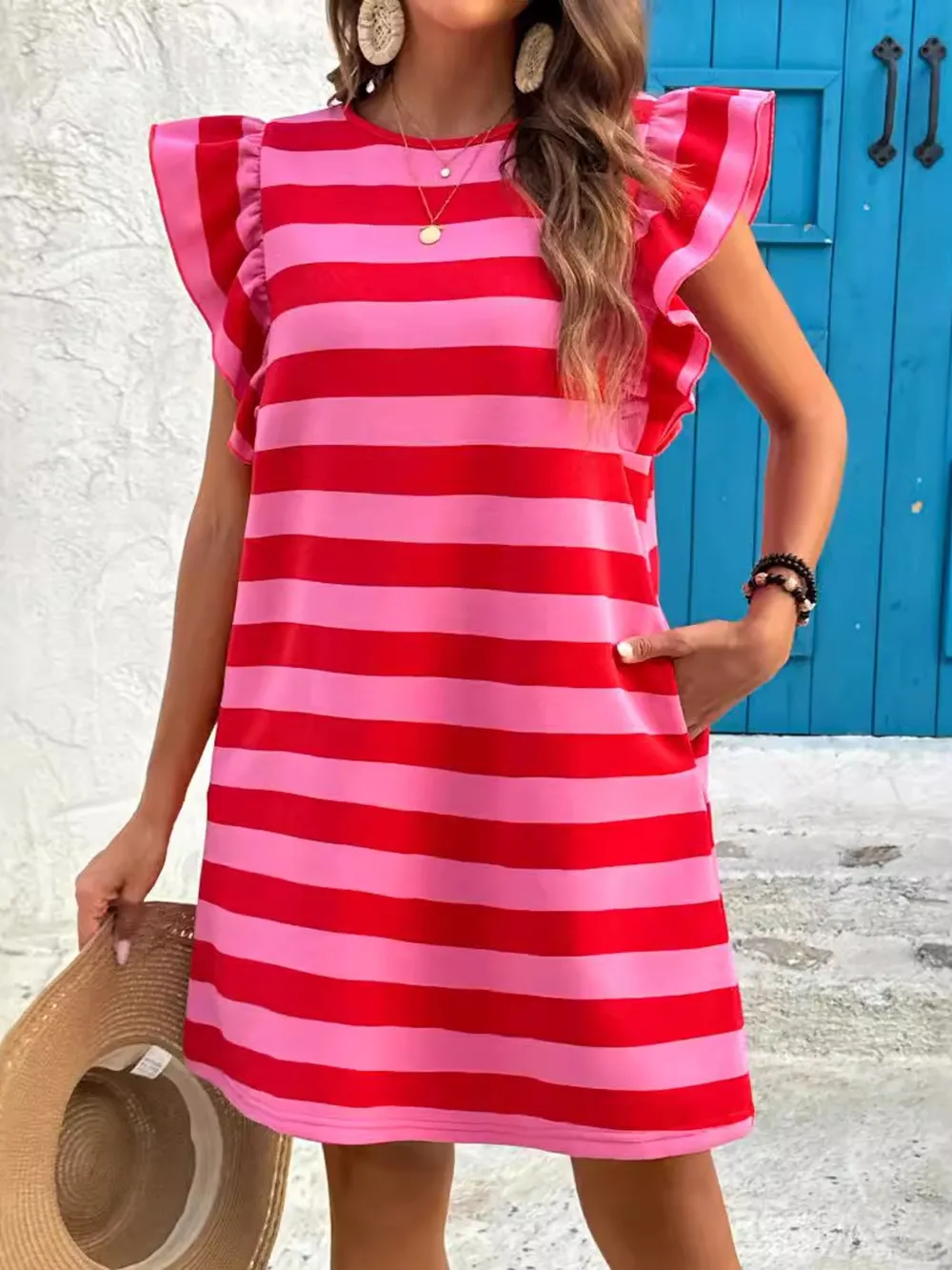 Striped Ruffle Sleeve Casual Summer Dress, image 3
