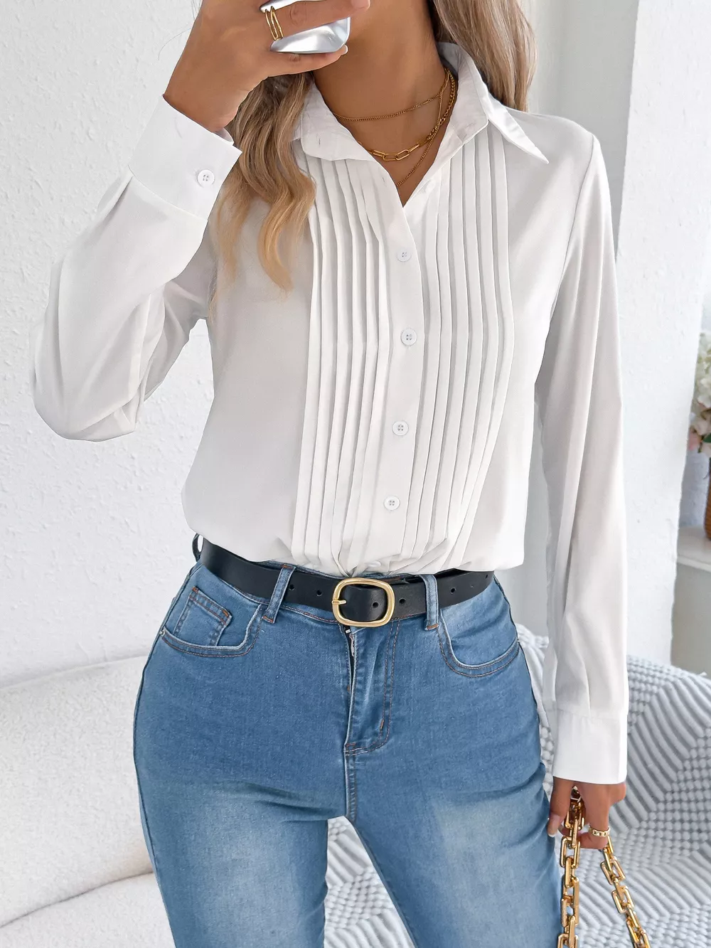 Pleated Front Long Sleeve Shirt, image 7