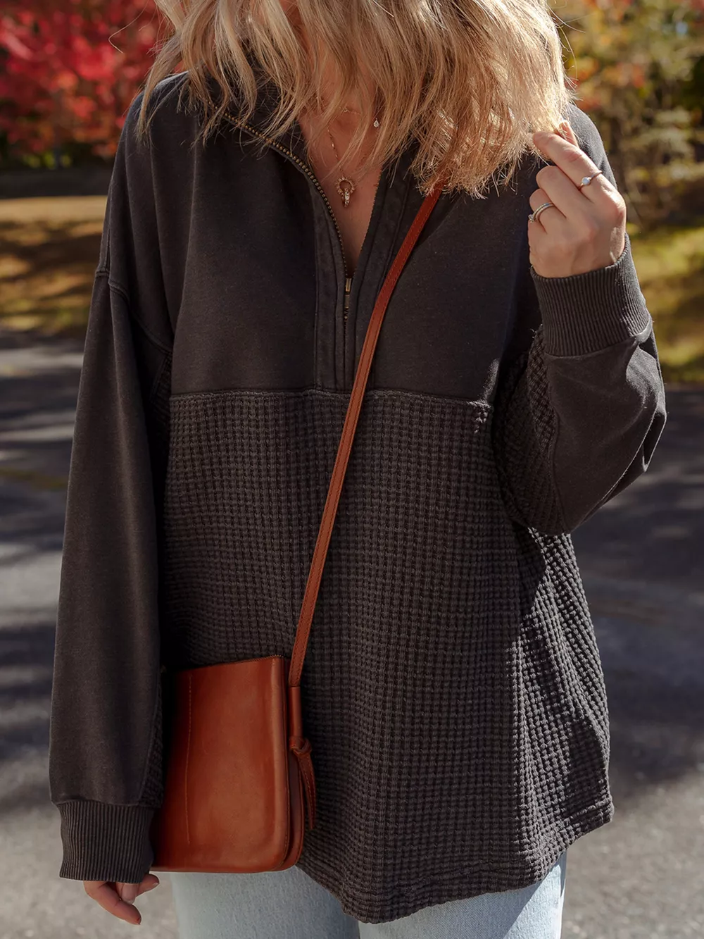 Waffle Knit Patchwork Half Zipped Casual Sweatshirt, image 7