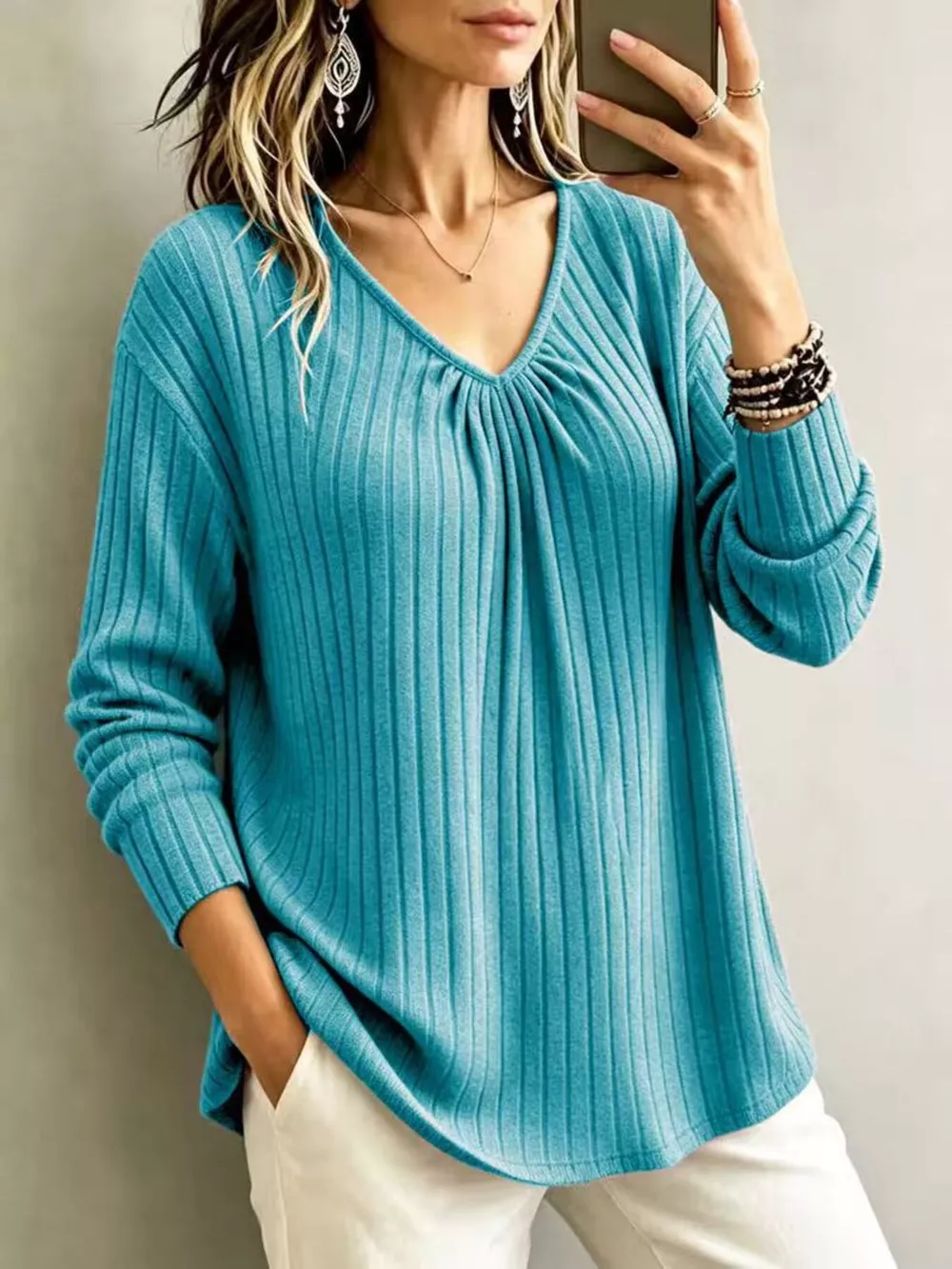 V-Neck Ribbed Long Sleeve T-Shirt, image 11