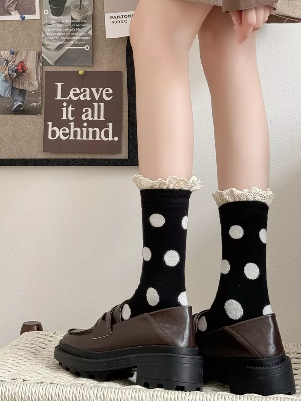 Vintage Polka Dot Ruffle Trim Mid-Calf Socks, image 4