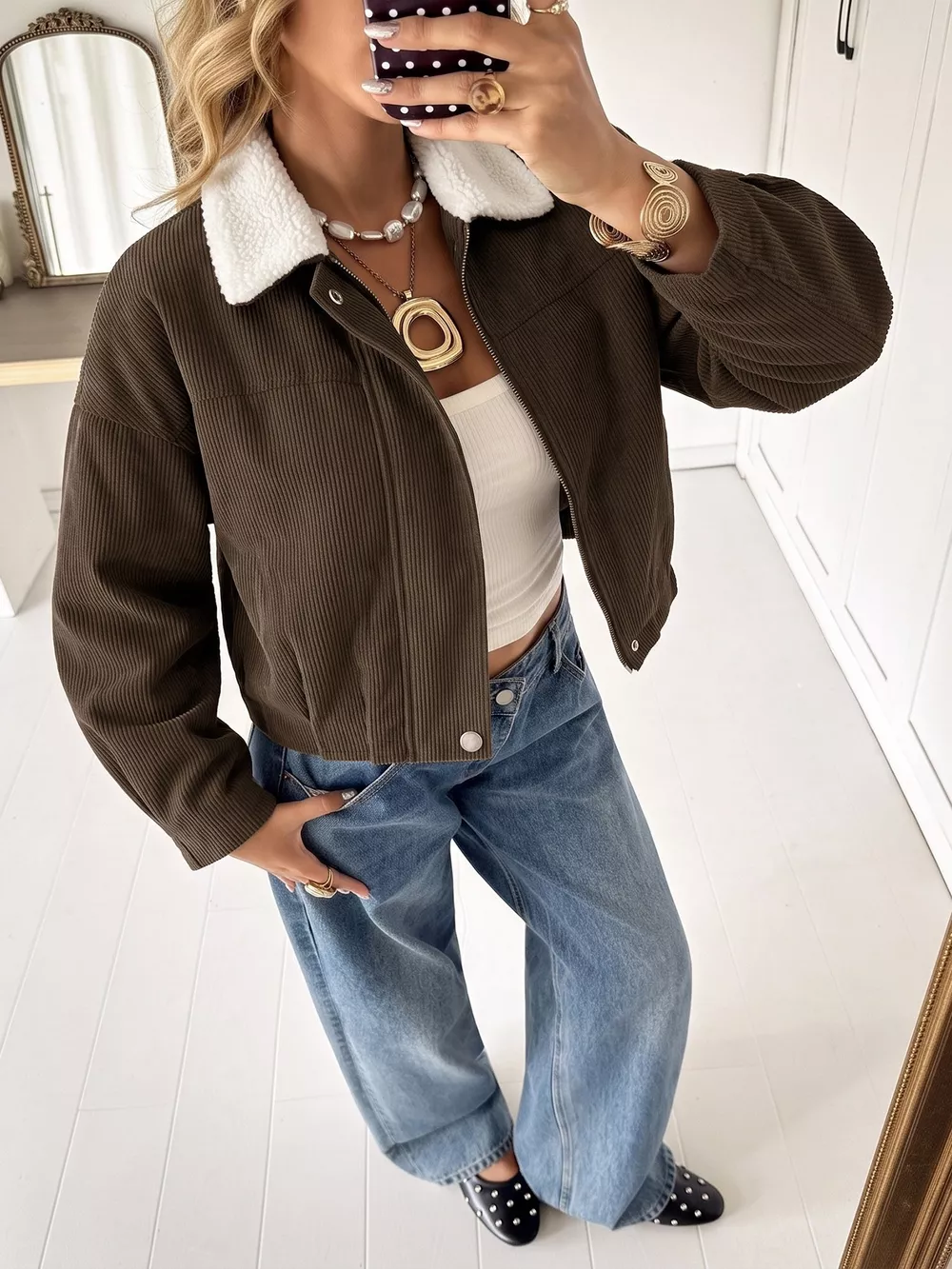 Contrast Sherpa Collar Corduroy Zip Up Jacket, image 4