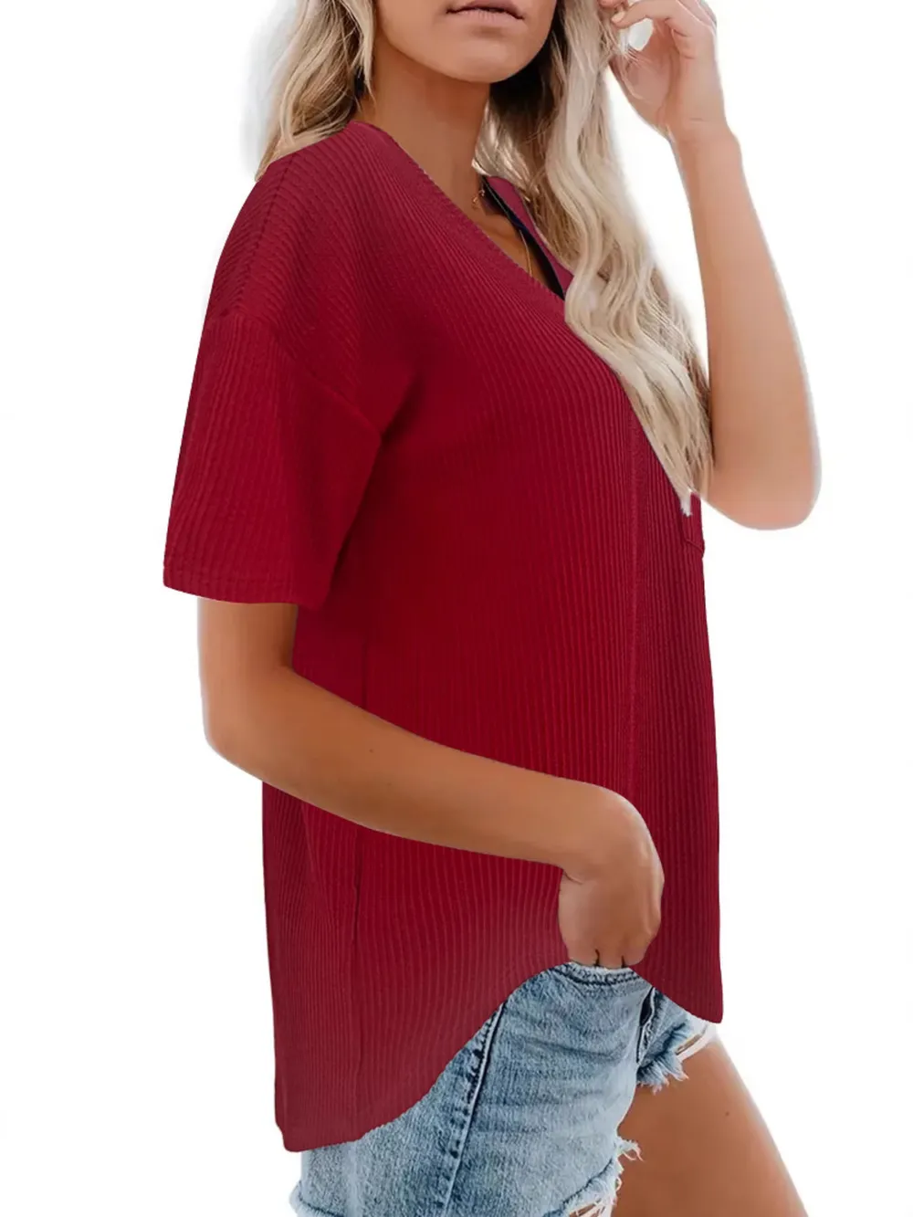 Ribbed V-Neck Oversized T-Shirt, image 9