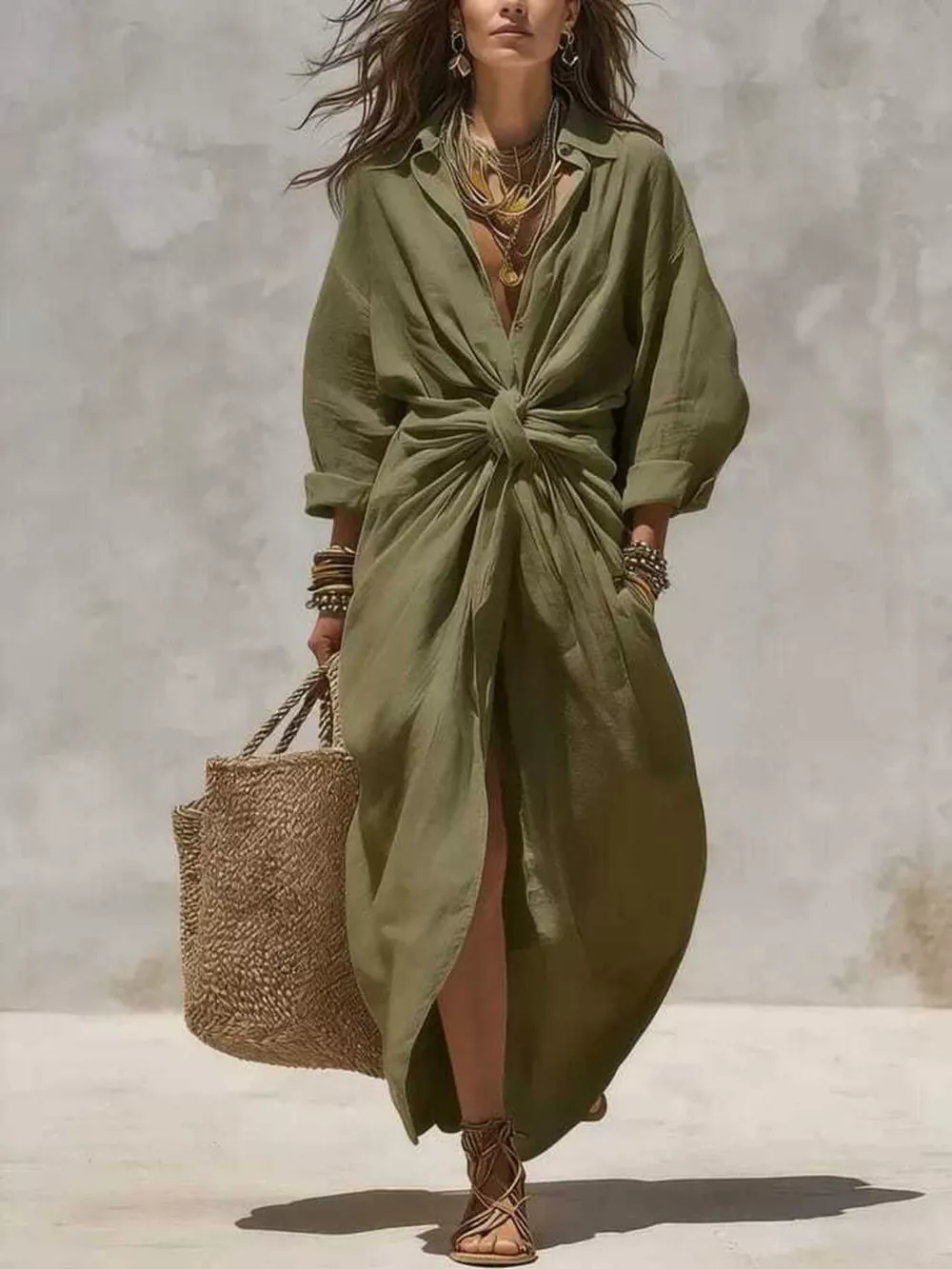 Front-Tie Maxi Shirt Dress