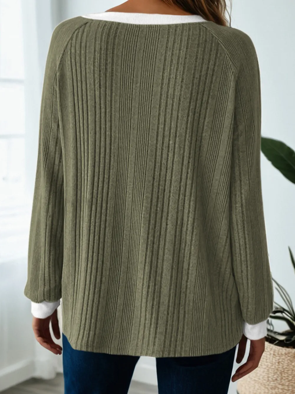 Ribbed Contrast Cuffed Round Neck Long Sleeve T Shirt, image 3
