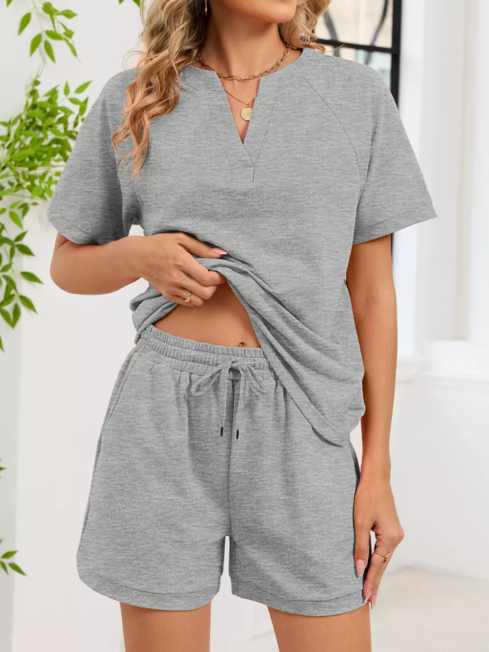 Notched Short Sleeve Top and Shorts Set, image 26