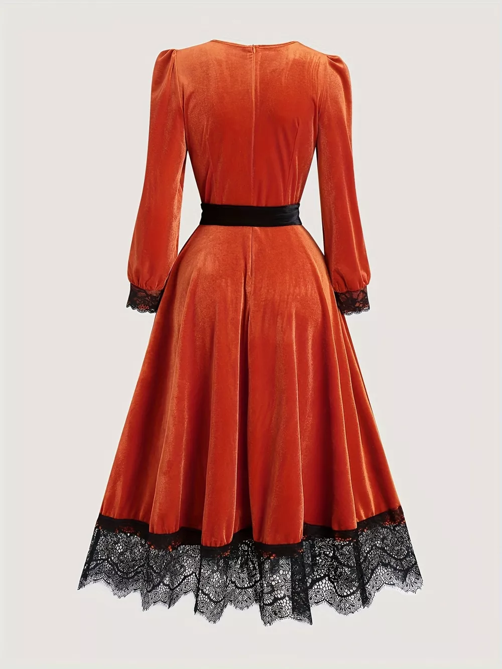 Velvet V-Neck Lace Trim Midi Dress with Waist Tie, image 3