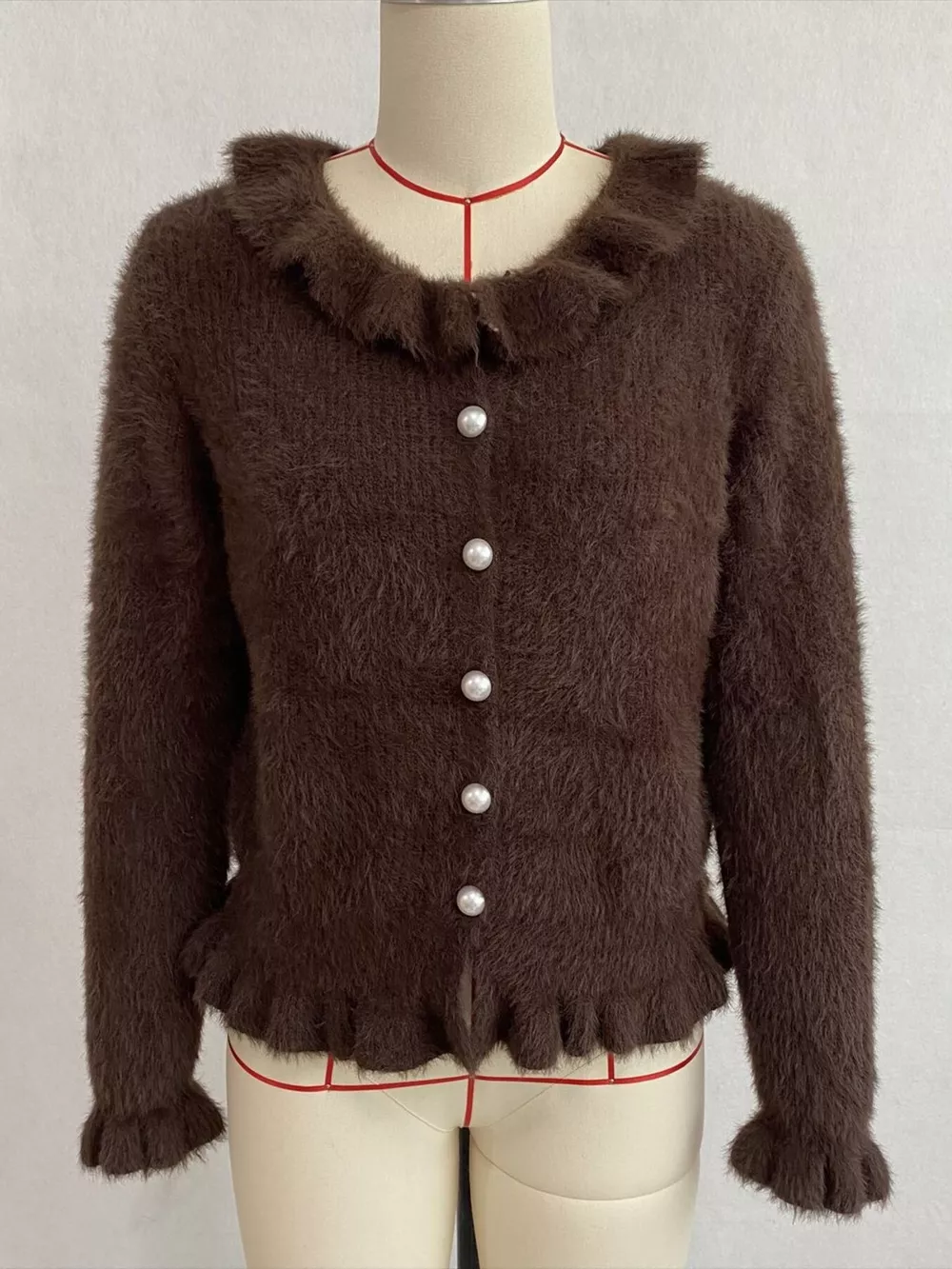Soft Fuzzy Cardigan with Ruffled Collar and Pearl Buttons, image 17