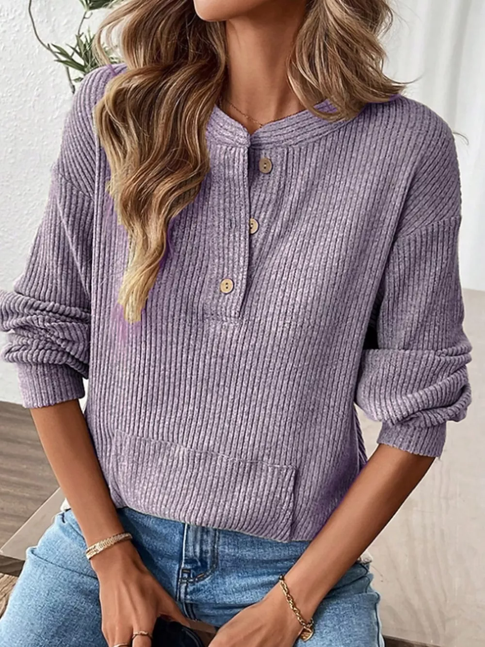 Ribbed Button Detail Long Sleeve T-Shirt, image 12