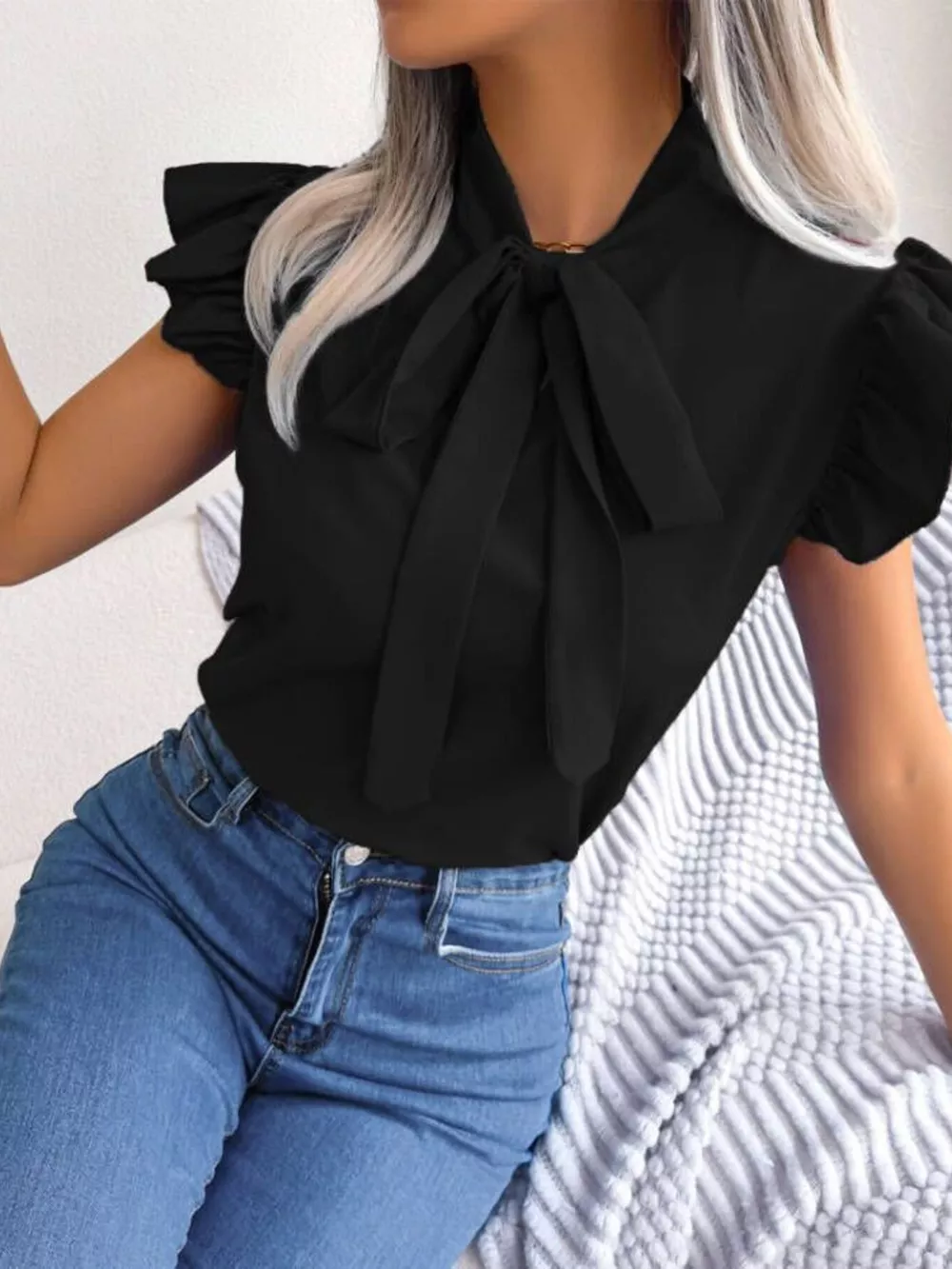 Bow Tie Ruffle Sleeve Blouse, image 13