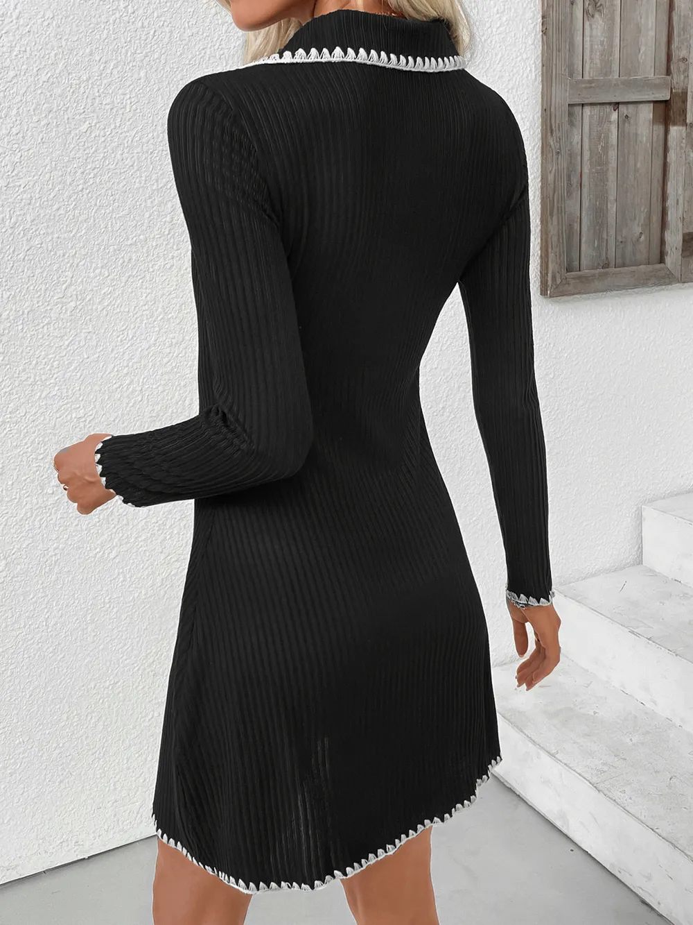 Contrast Trim Texture Long Sleeve Sweater Dress, image 9