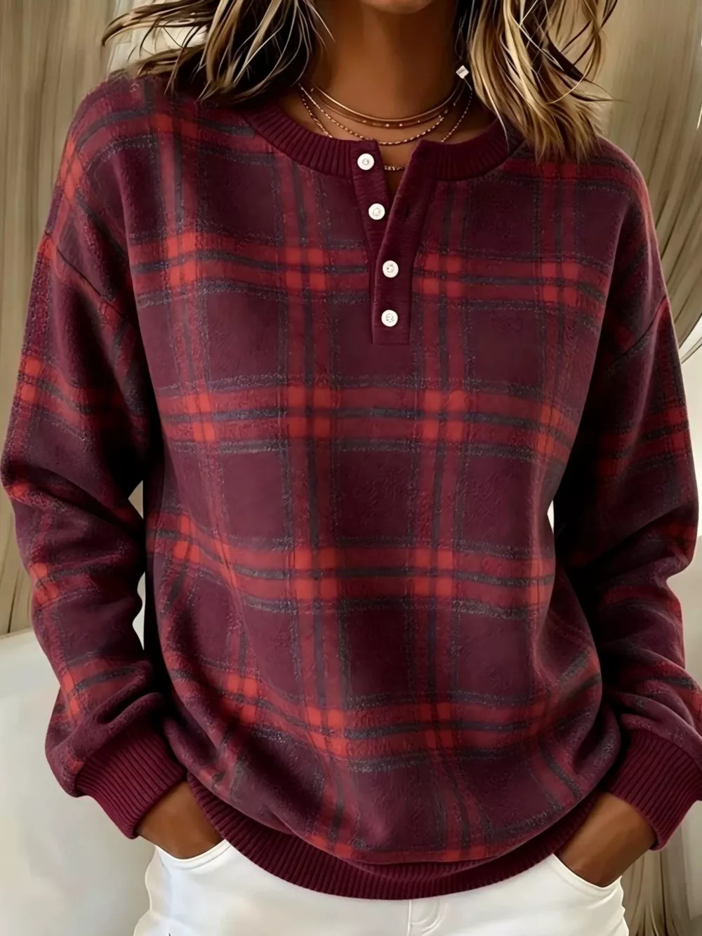 Full Size Plaid Button Detail Long Sleeve Sweatshirt Plus Size, image 8