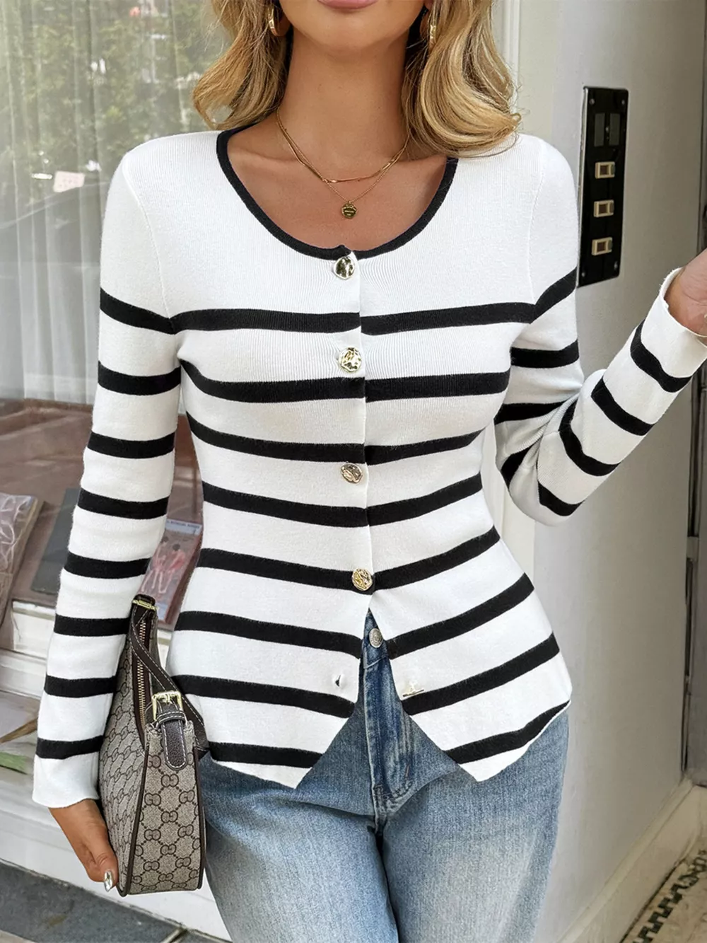 Striped Button-Up Knit Cardigan, image 2