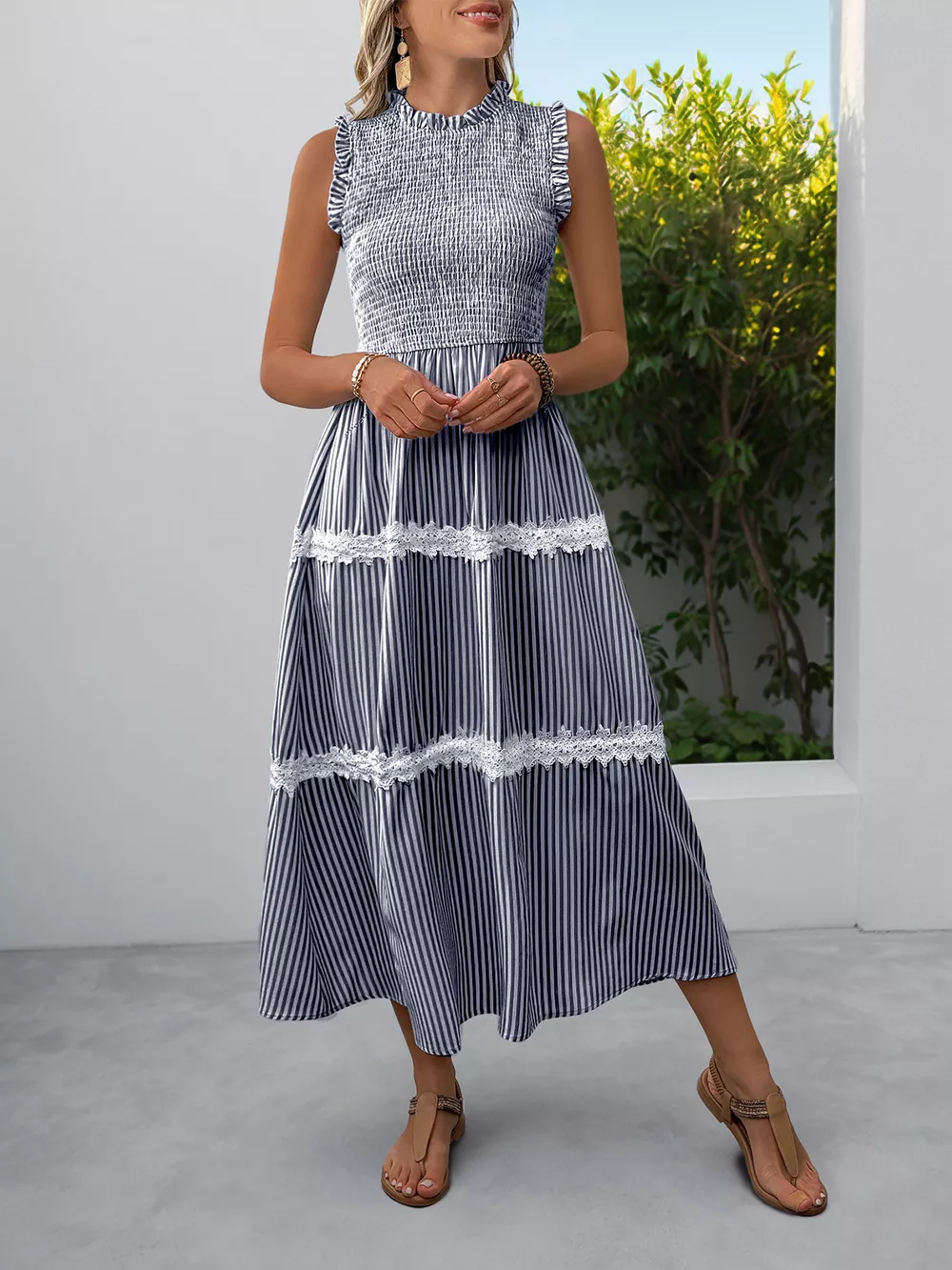 Smocked Striped Lace Trim Sleeveless Midi Dress, image 9