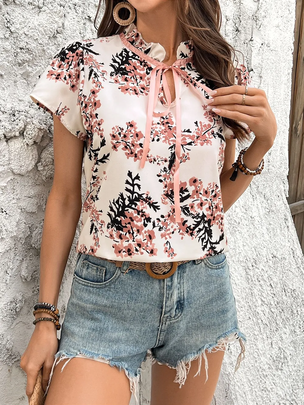 Floral Print Tie Neck Short Sleeve Blouse, image 8