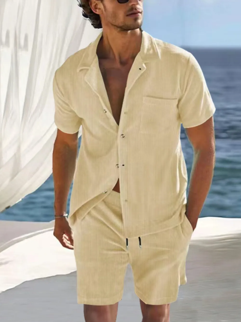 Men's Full Size Button Detail Short Sleeve Top and Shorts Set Plus Size, image 2