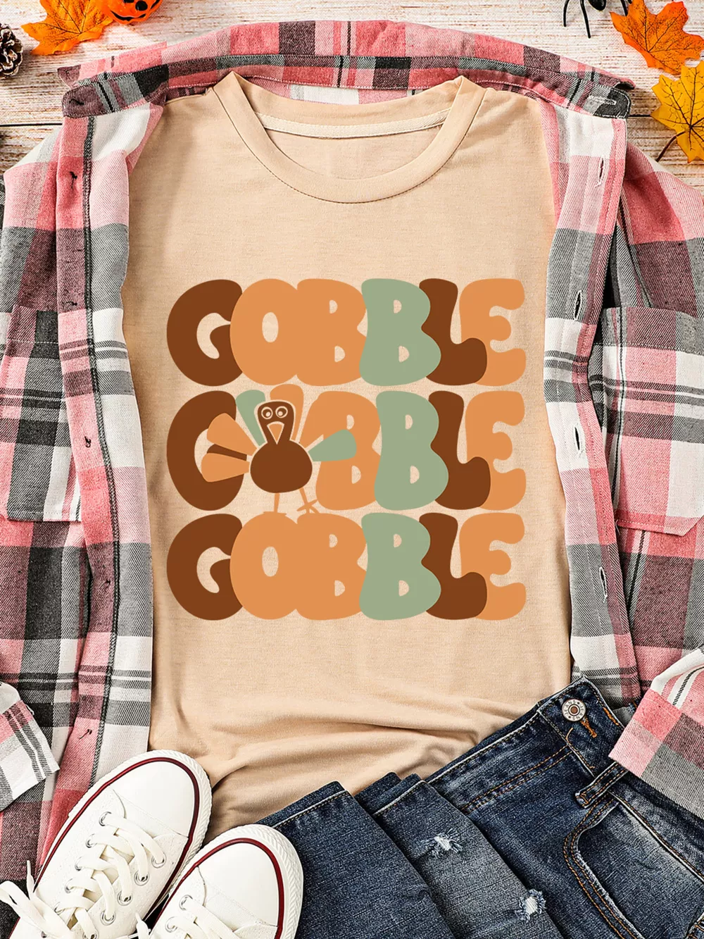 GOBBLE Turkey Graphic Thanksgiving Round Neck Tee, image 3