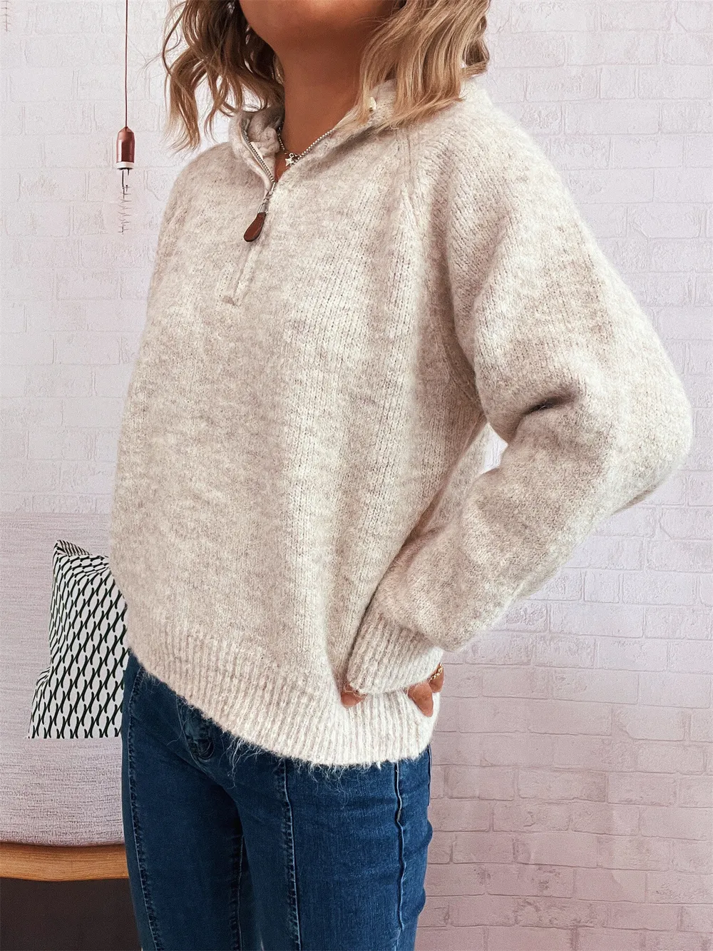 Quarter Zip Ribbed Hem Sweater, image 3
