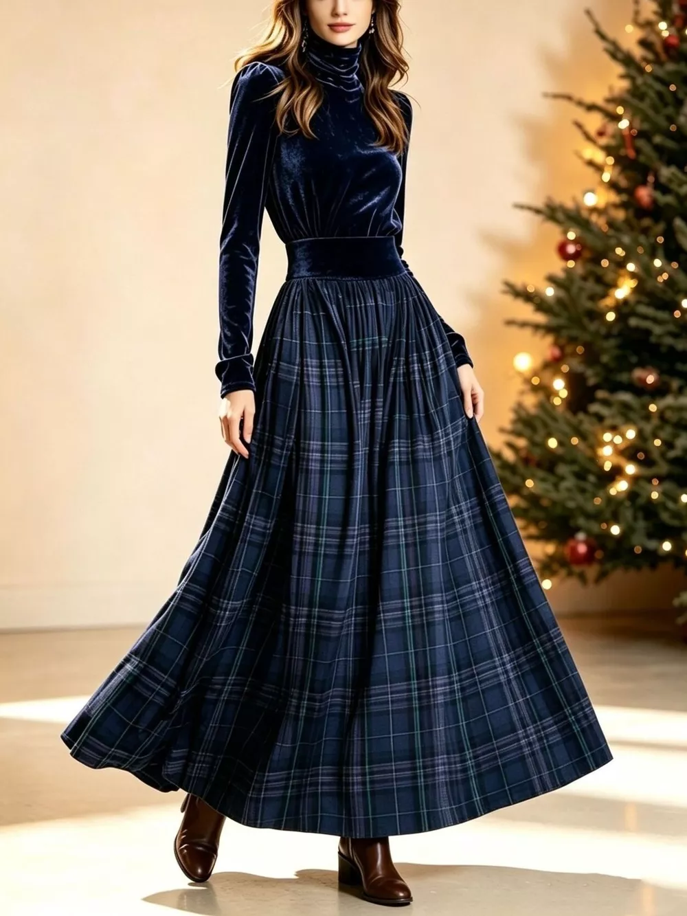 Velvet Turtleneck Top and Plaid Maxi Skirt Two-Piece Set, image 7