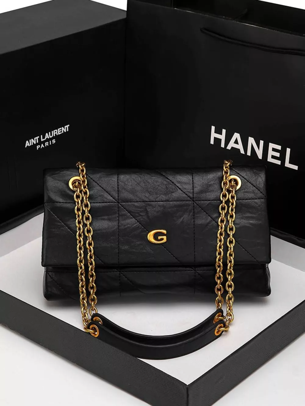 Geometric Quilted Shoulder Bag with Gold Chain Strap, image 5
