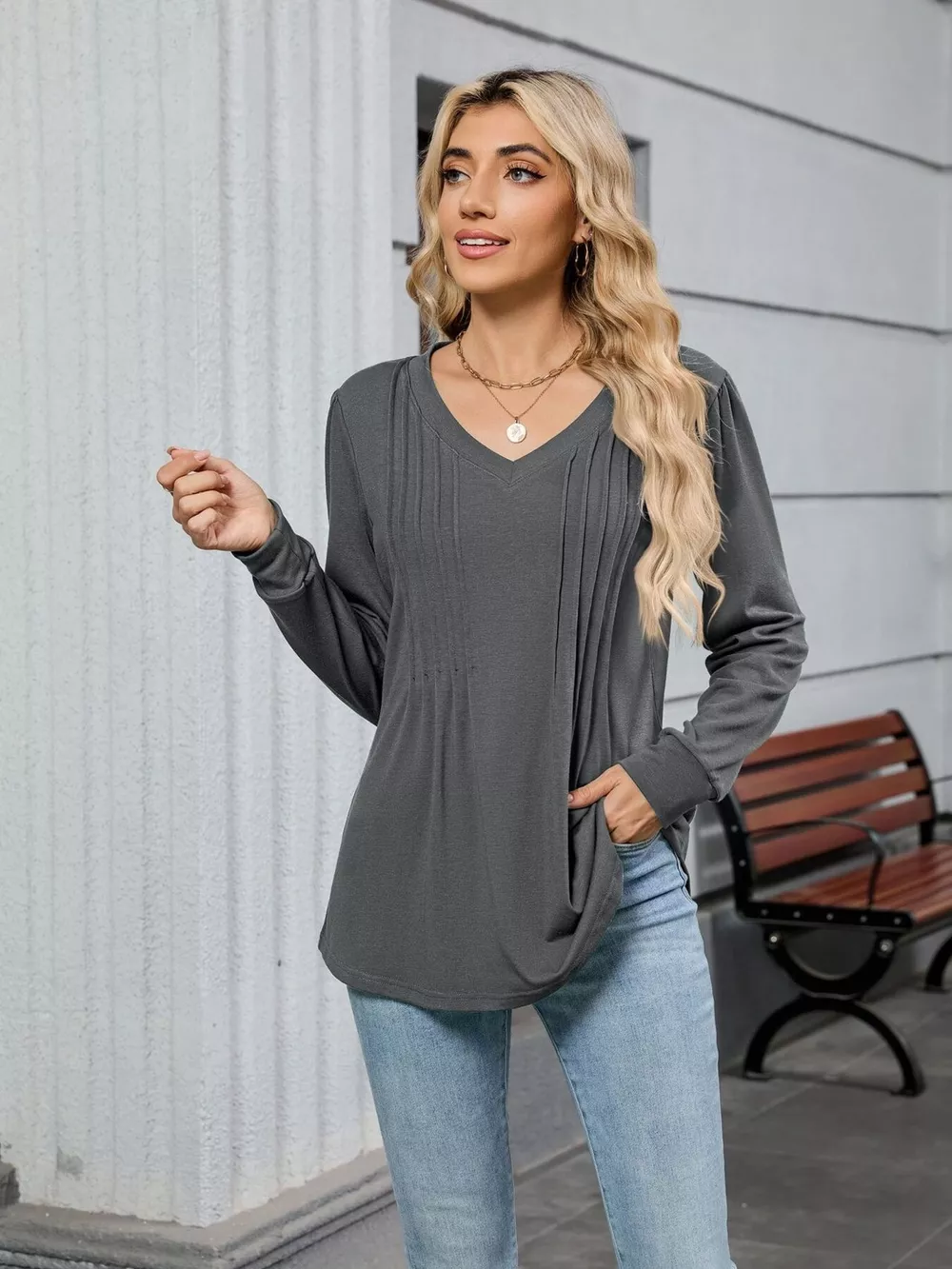 V-Neck Long Sleeve Relaxed Fit T-Shirt, image 10