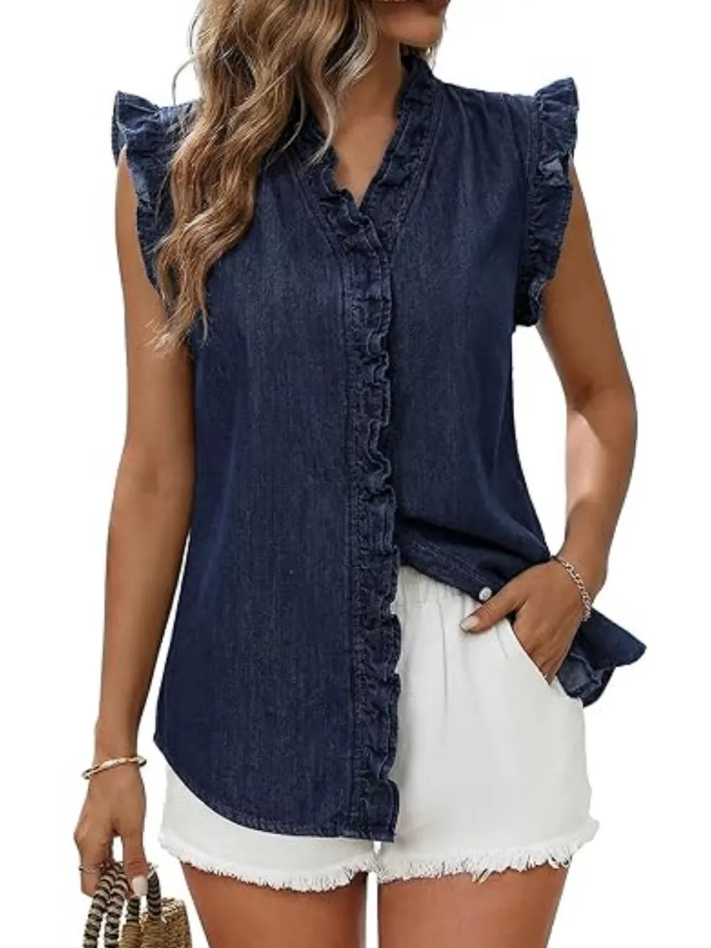 Ruffle Trim V-Neck Sleeveless Denim Top, image 11