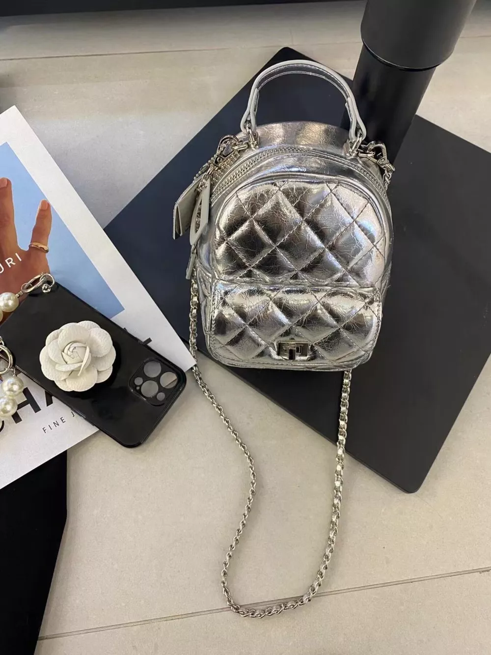 Quilted Metallic and Patent Mini Backpack Bag with Chain Strap, image 6