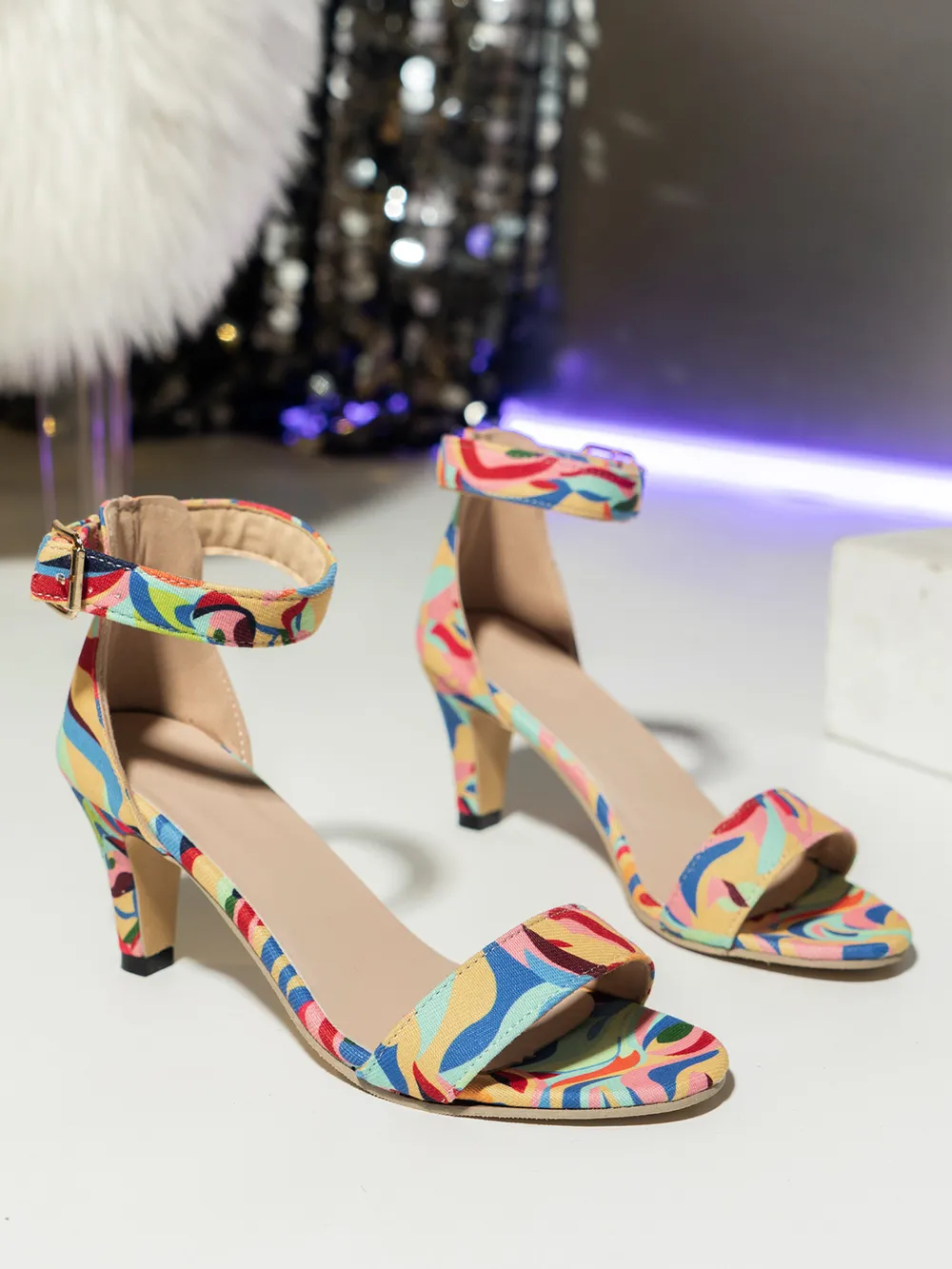 Rainbow Metallic Block Heel Ankle Strap Sandals, image 4