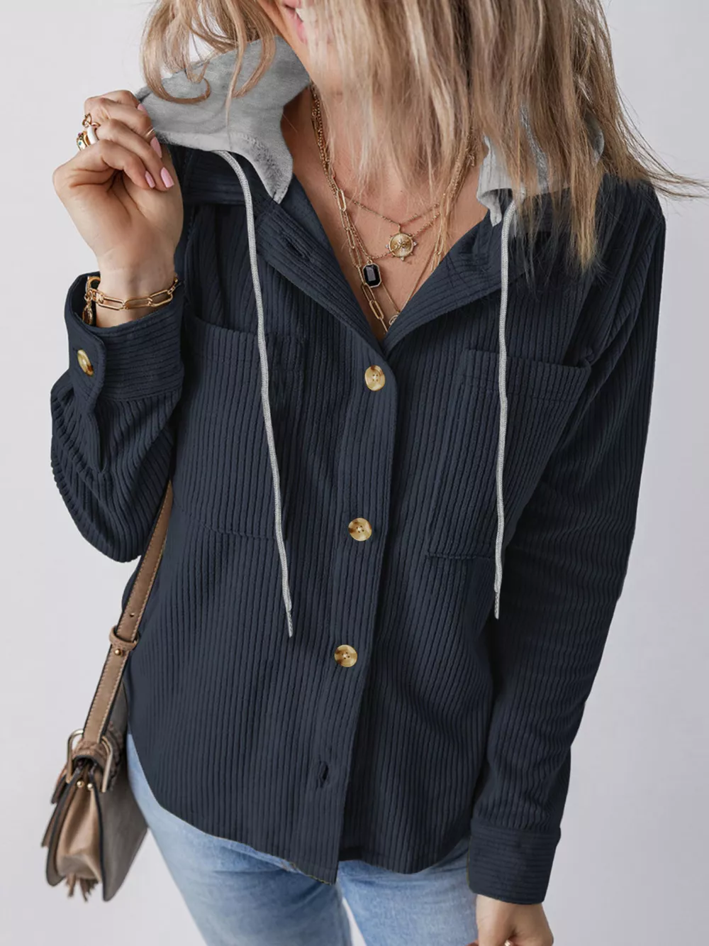 Plus Size Casual Corduroy Button-Down Hooded Jacket, image 11