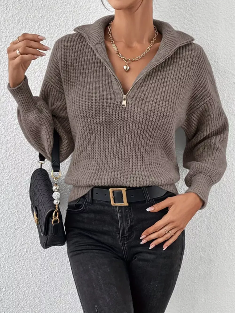 Quarter-Zip Dropped Shoulder Sweater, image 2