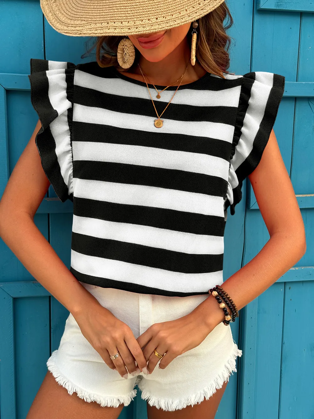 Contrast Striped Ruffle Sleeve T-Shirt, image 10