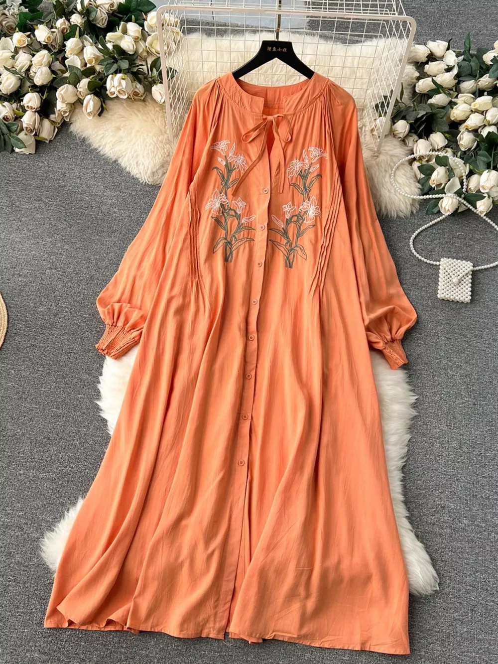 Floral Button Front Long Sleeve Dress, image 17