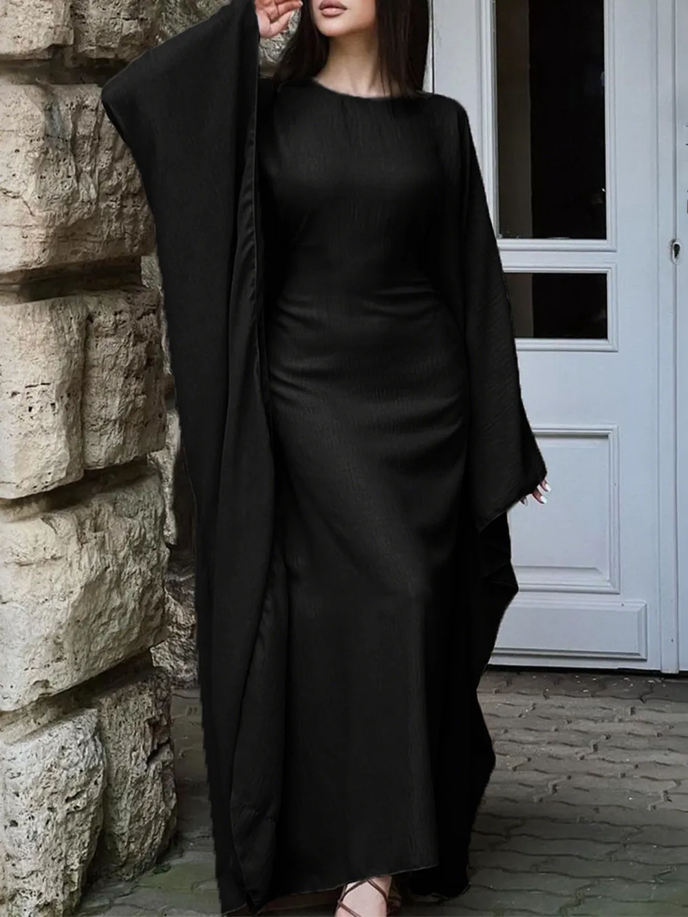 Round Neck Maxi Dress with Flowing Cape Sleeves, image 13