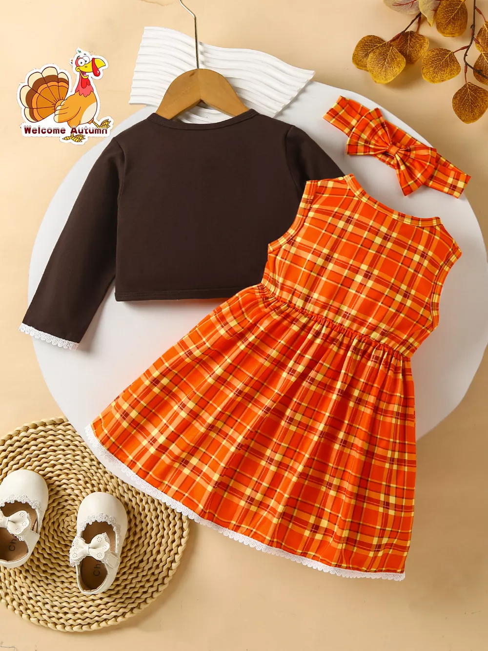 Children's Plaid Turkey Embroidered Bowknot Dress 3 Piece Set, image 2