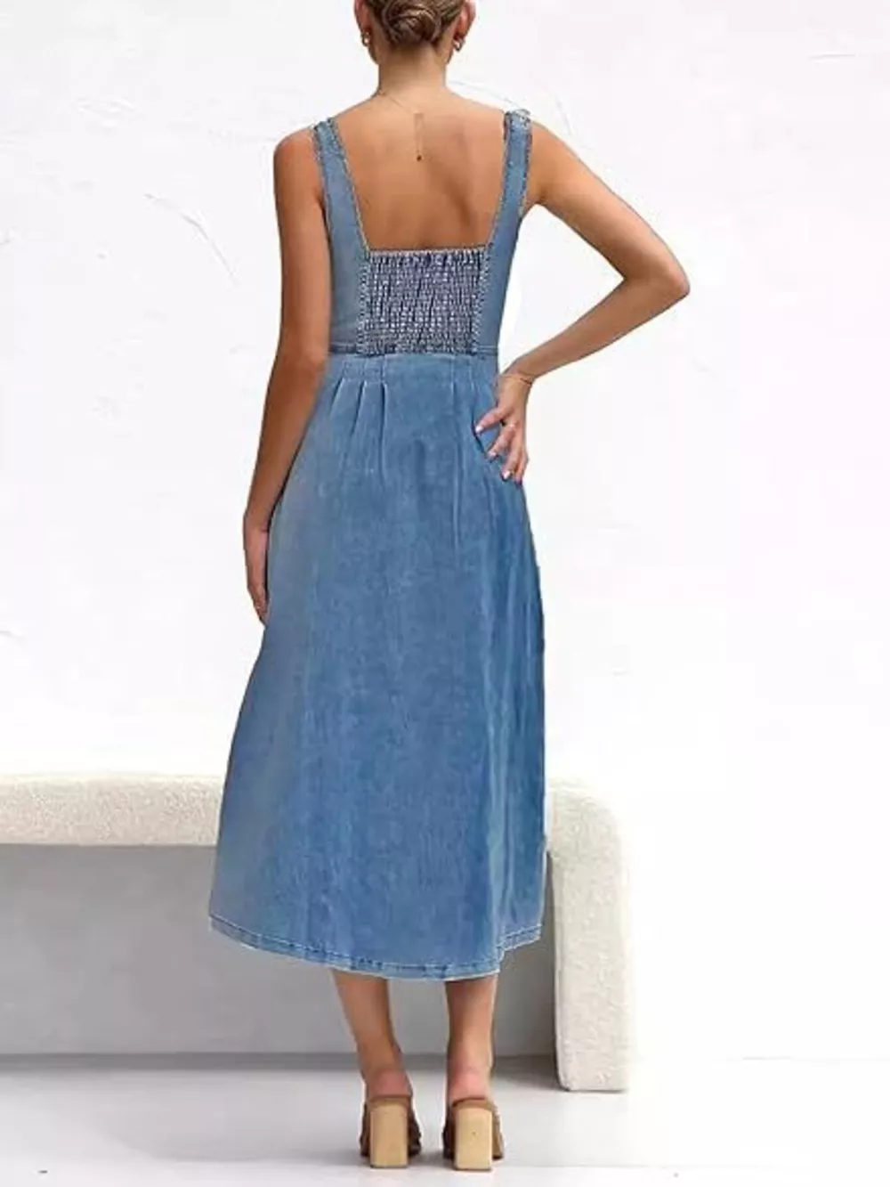 Smocked Back Button Front Denim Midi Dress, image 6
